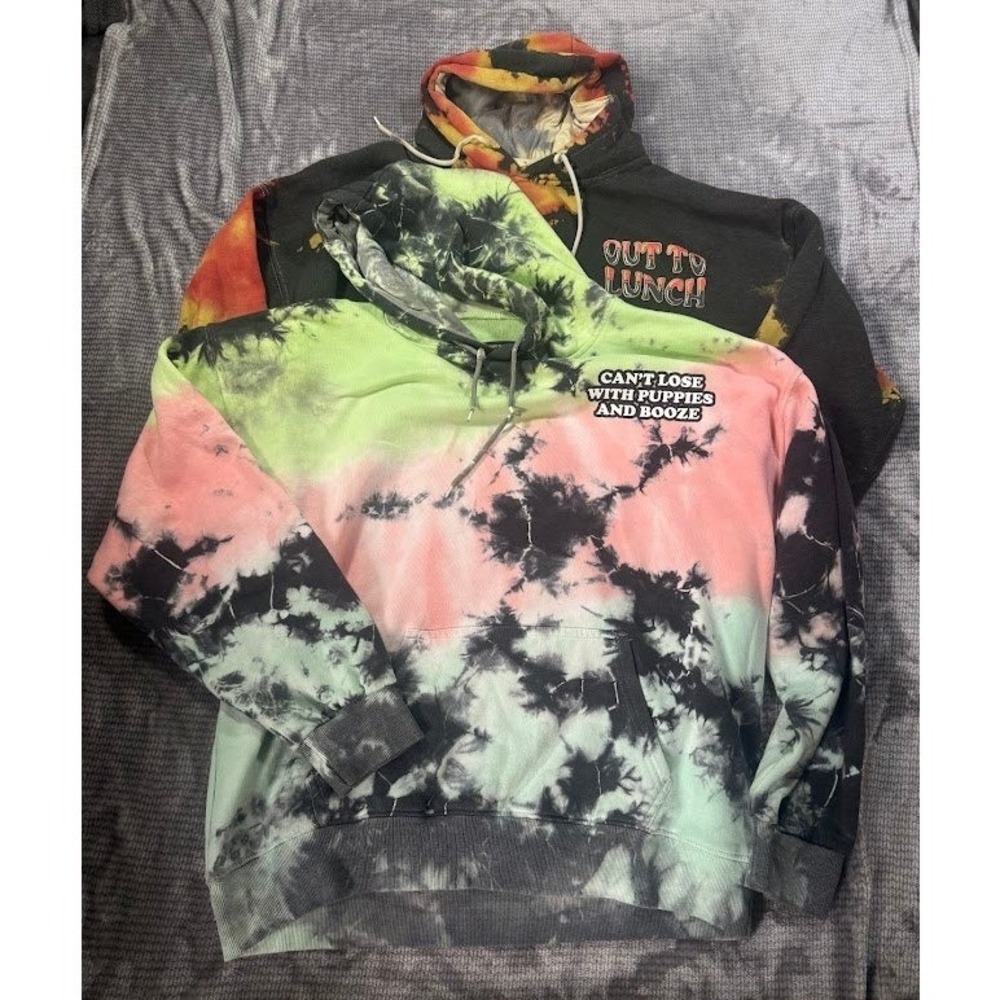 Assholes Live Forever Lot of 2 Graphic Hoodies Out To Lunch Puppies and Booze XL